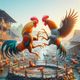 Farm Rooster Fighting Chicks
